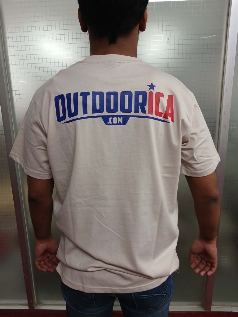 Back view of a grey t-shirt with a large nature-themed graphic print of mountains and trees, modeled outdoors by a young man.